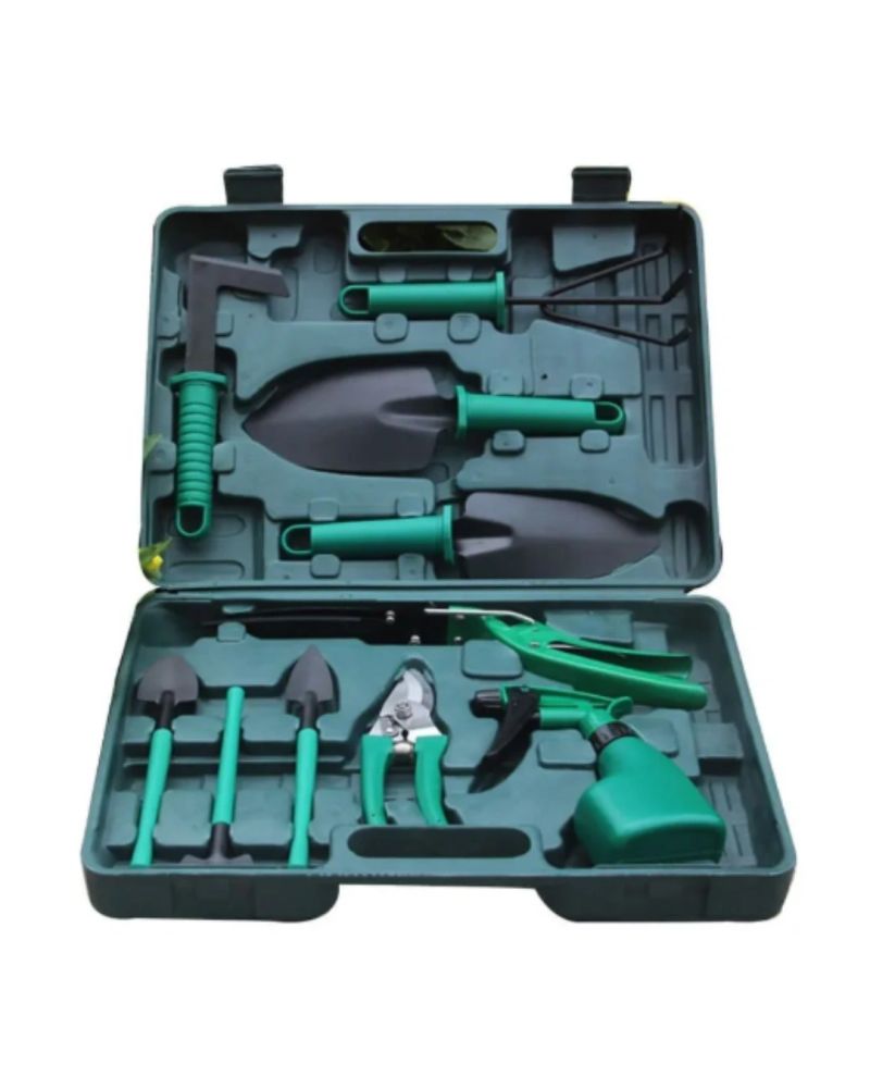 SET 10 HERRAMIENTAS JARDINERIA MALETA VERDE
