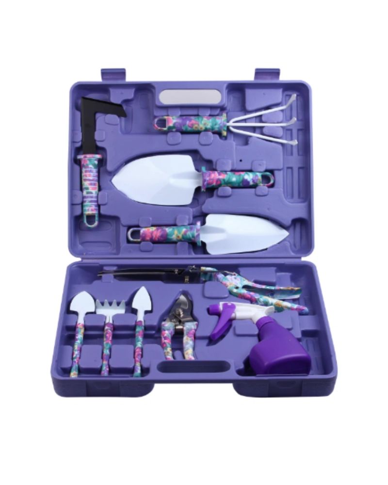 SET 10 HERRAMIENTAS JARDINERIA MALETA VIOLETA